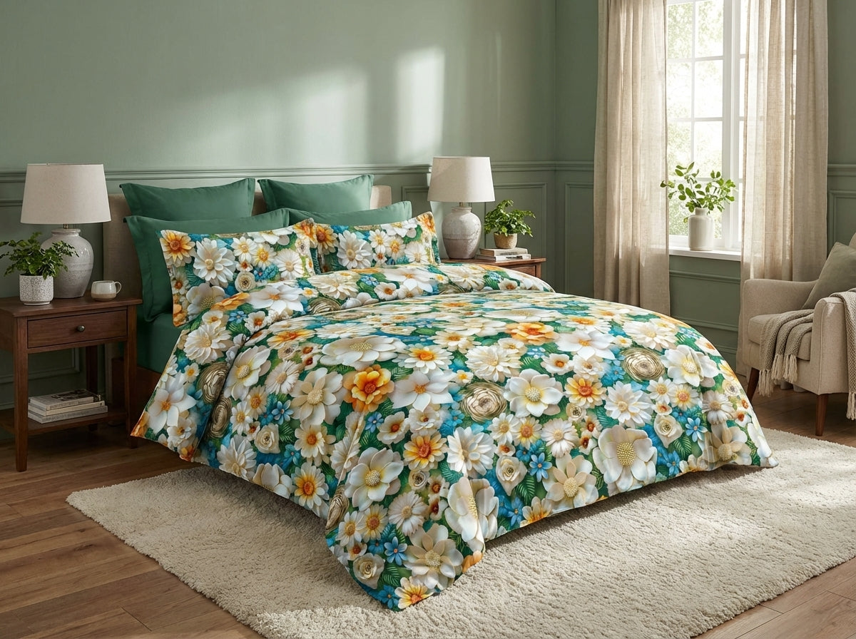 Eternal Blossom 7D print bedsheet set by The Gharnish featuring floral design on soft bedding fabric.