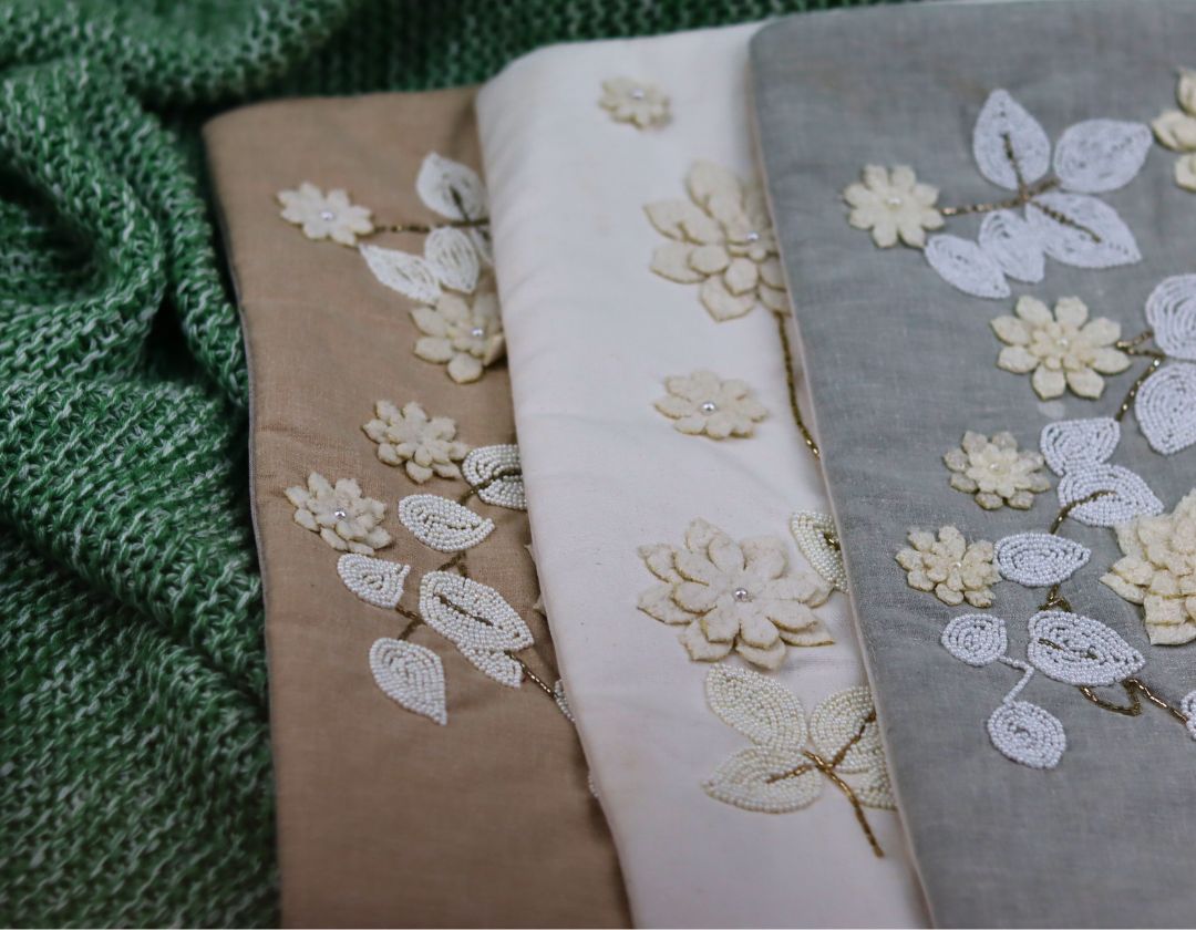 Pearl White Cushions with beads Set of 5 - The Gharnish - A Unit of Satkala Creations