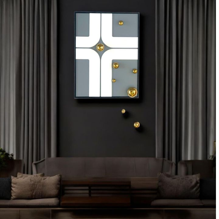 Modern living room with a decorative Wall Art on a dark wall, brown sofa, and gray curtains.