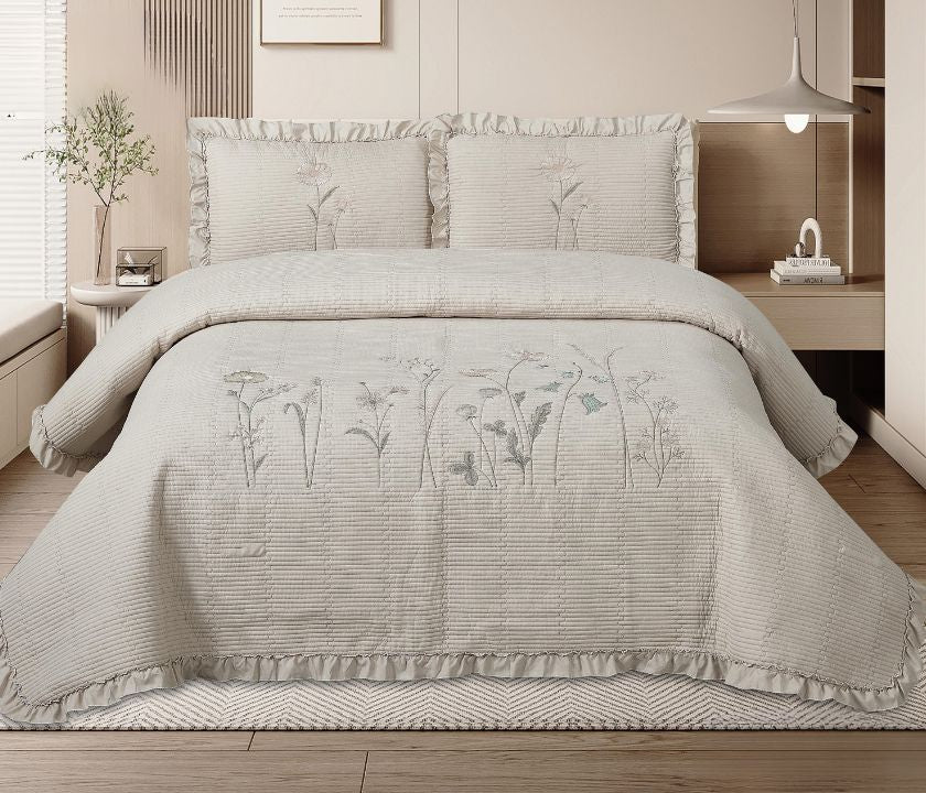 Florina 3-piece embroidered premium bedding set by The Gharnish featuring intricate floral designs on soft fabric.