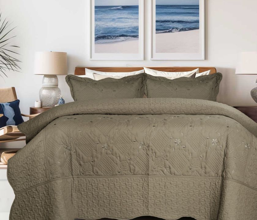 Cotton Embroidered 3pcs Quilted Bedspread Set - The Gharnish - A Unit of Satkala Creations