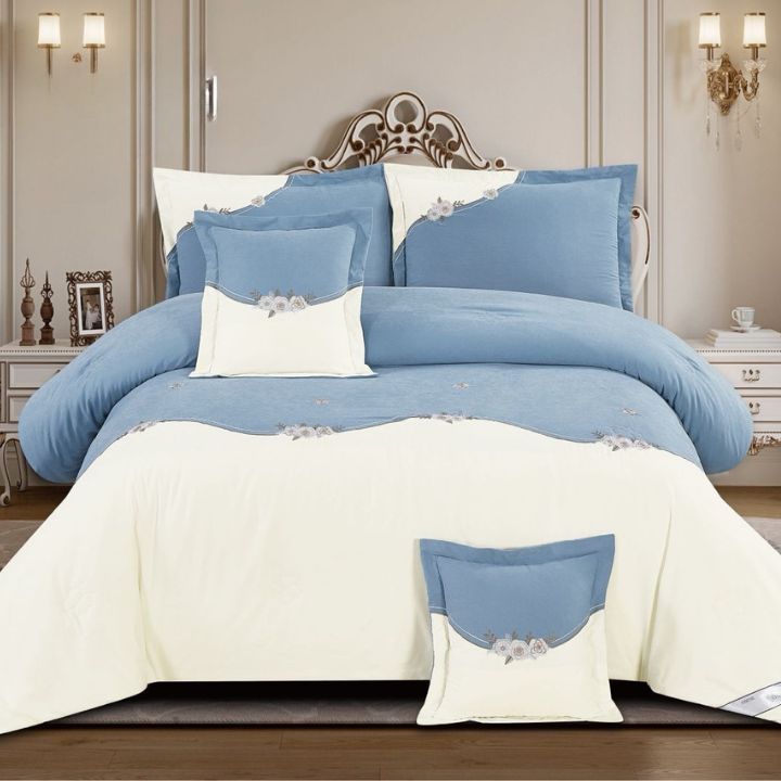 Blue and white bedding set on a bed in a bedroom setting.