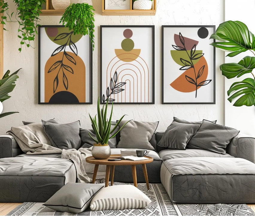 Set of 3 Modern Botanical Geometric Wall Art – Minimalist Abstract Prints