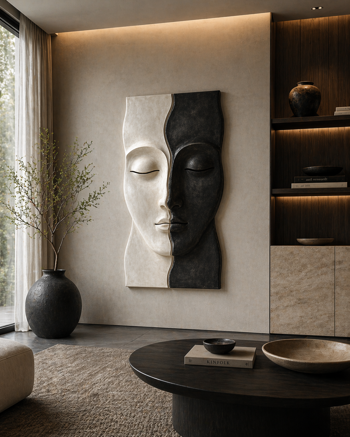Wooden Serenity Split Face Wall Art sculpture by The Gharnish, modern abstract design for living room or entryway decor.