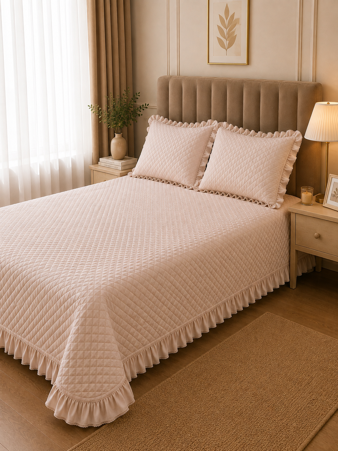 Erin Premium Quilted 3-piece bedding set by The Gharnish with frill details and matching pillow covers on a bed.
