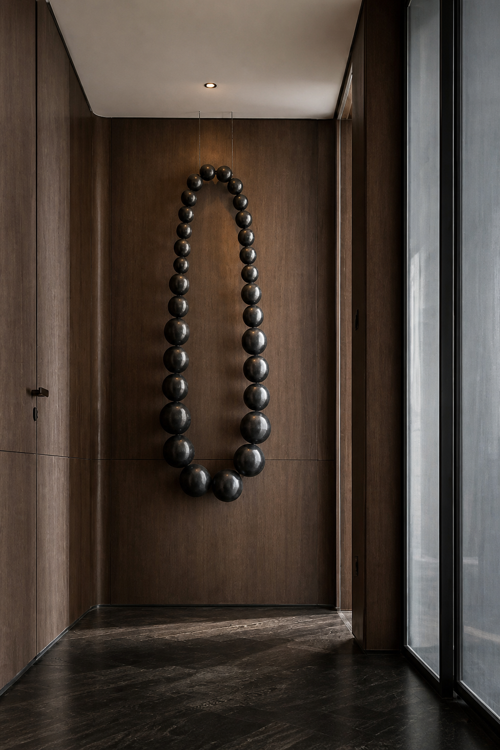 Obsidian bead wall sculpture by The Gharnish, modern wall art featuring glossy black beads arranged in an abstract design.
