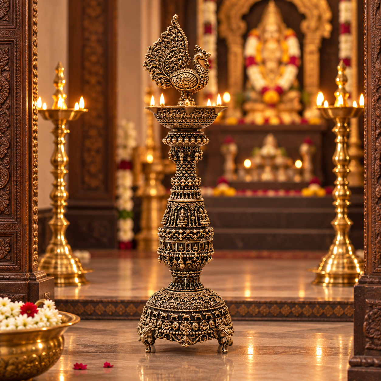 Pair of antique brass peacock diyas, traditional handcrafted brass pooja items, beautifully detailed deepams for religious rituals