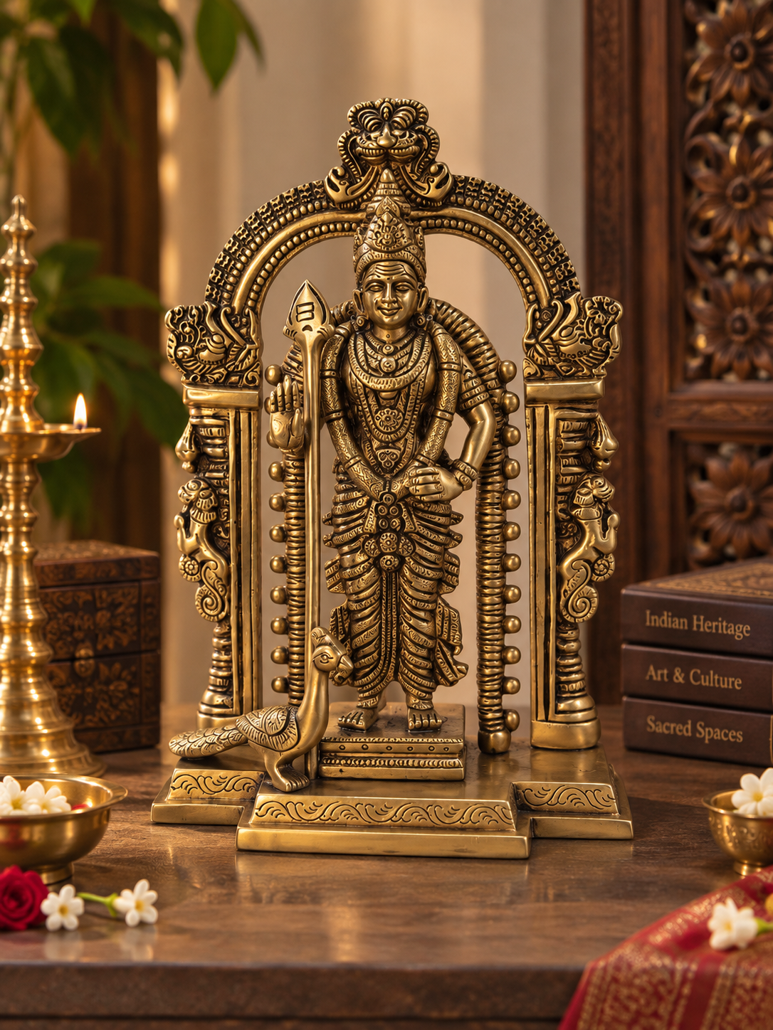 Antique brass Lord Murugan Kartikey Swami idol with ornate Prabhavali, traditional South Indian temple brass pooja item.