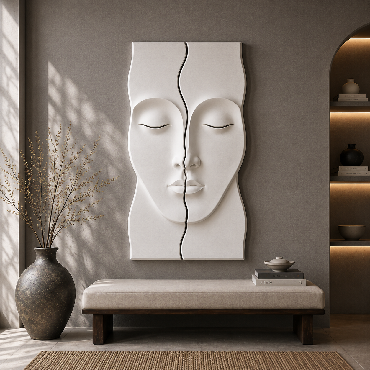 Wooden Serenity Split Face Wall Art by The Gharnish, modern abstract sculpture for living room or entryway decor.
