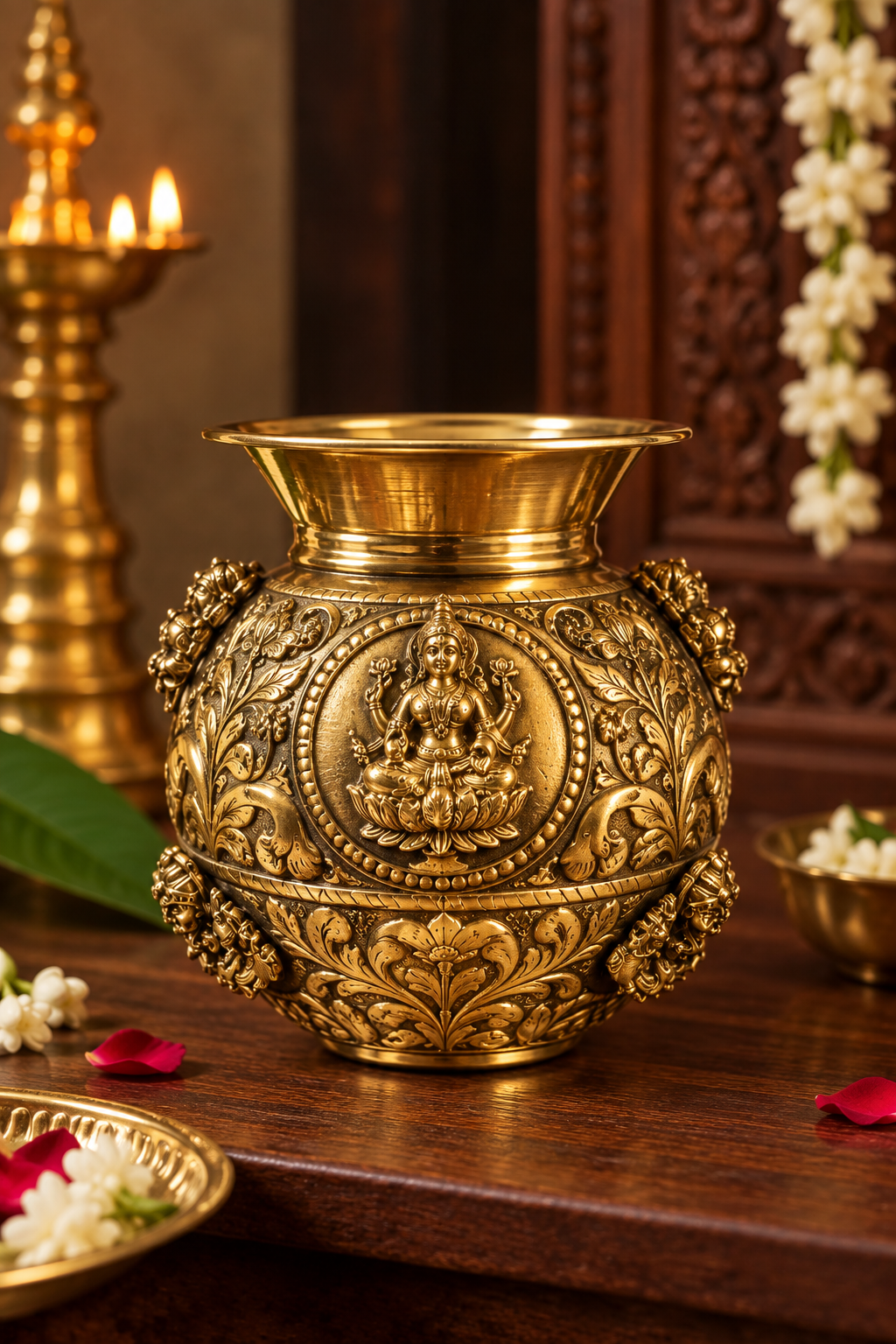 Antique handcrafted Ashtalakshmi brass kalash, traditional brass pooja item with intricate detailing, suitable for religious rituals.