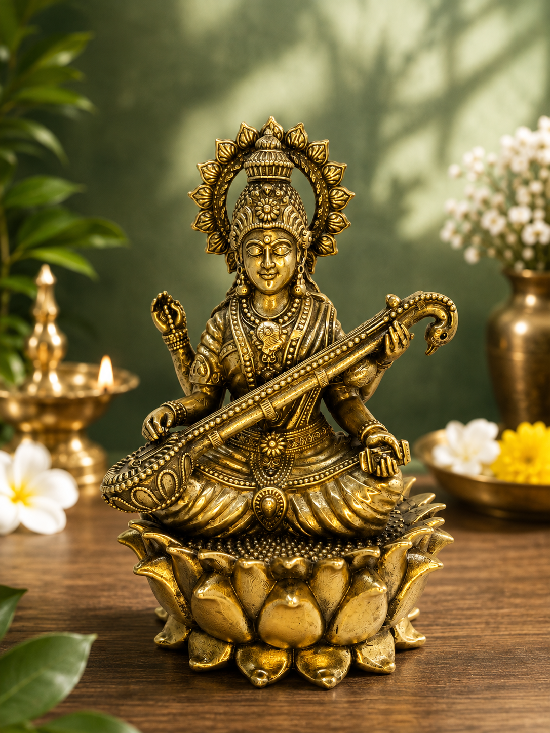 Luxury Brass Saraswati Mata Idol – Goddess Saraswati Statue with Veena & Lotus