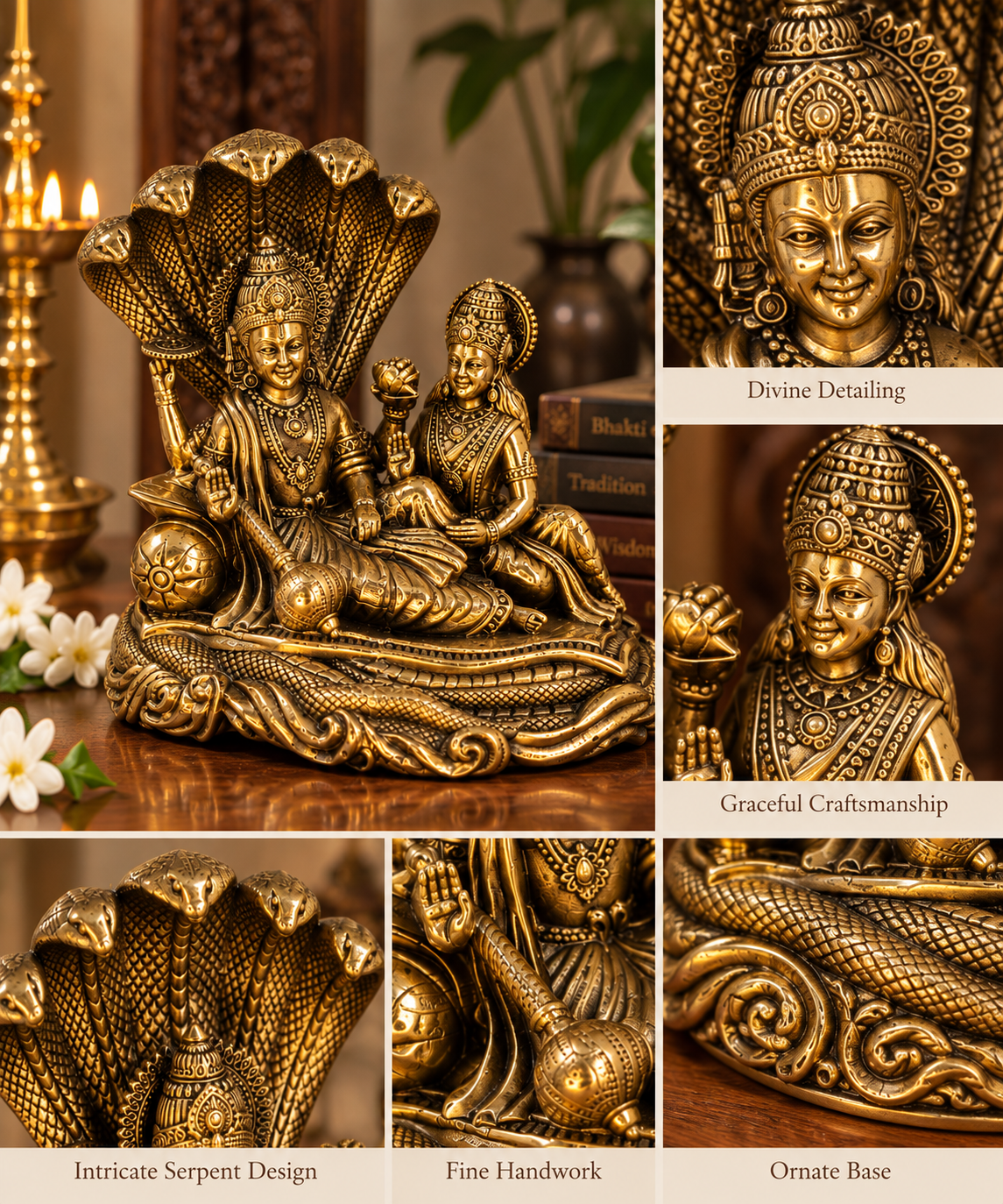 Antique brass Vishnu and Lakshmi divine couple idol on Sheshnag, traditional brass pooja item for spiritual rituals