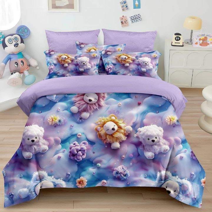 Colorful bedding set with cartoon animals on a bed in a room.