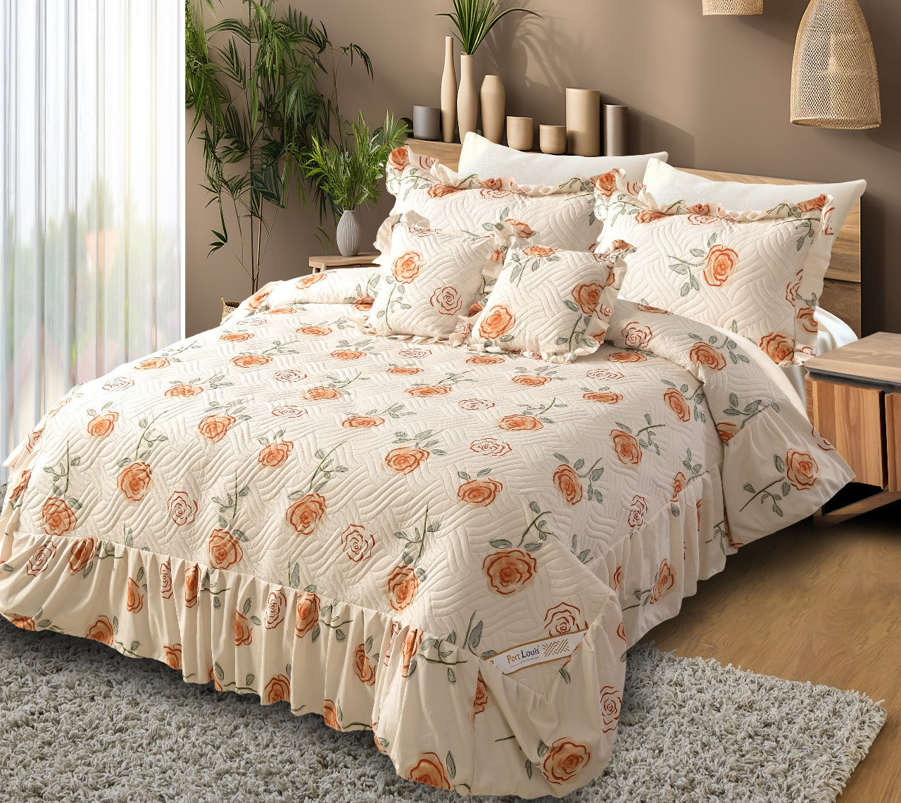 Floral patterned bedding set on a bed in a bedroom with plants and decor.