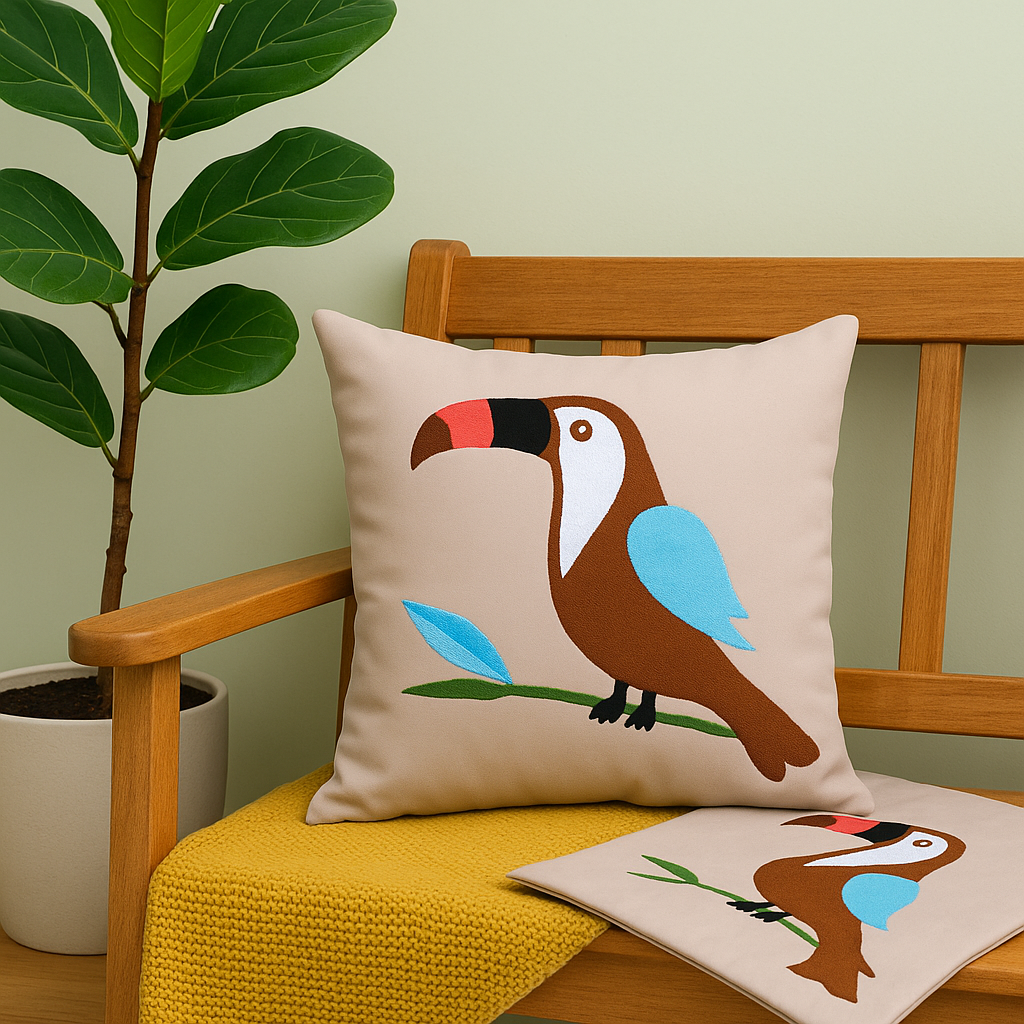 Decorative pillow with a bird design on a wooden chair next to a plant.