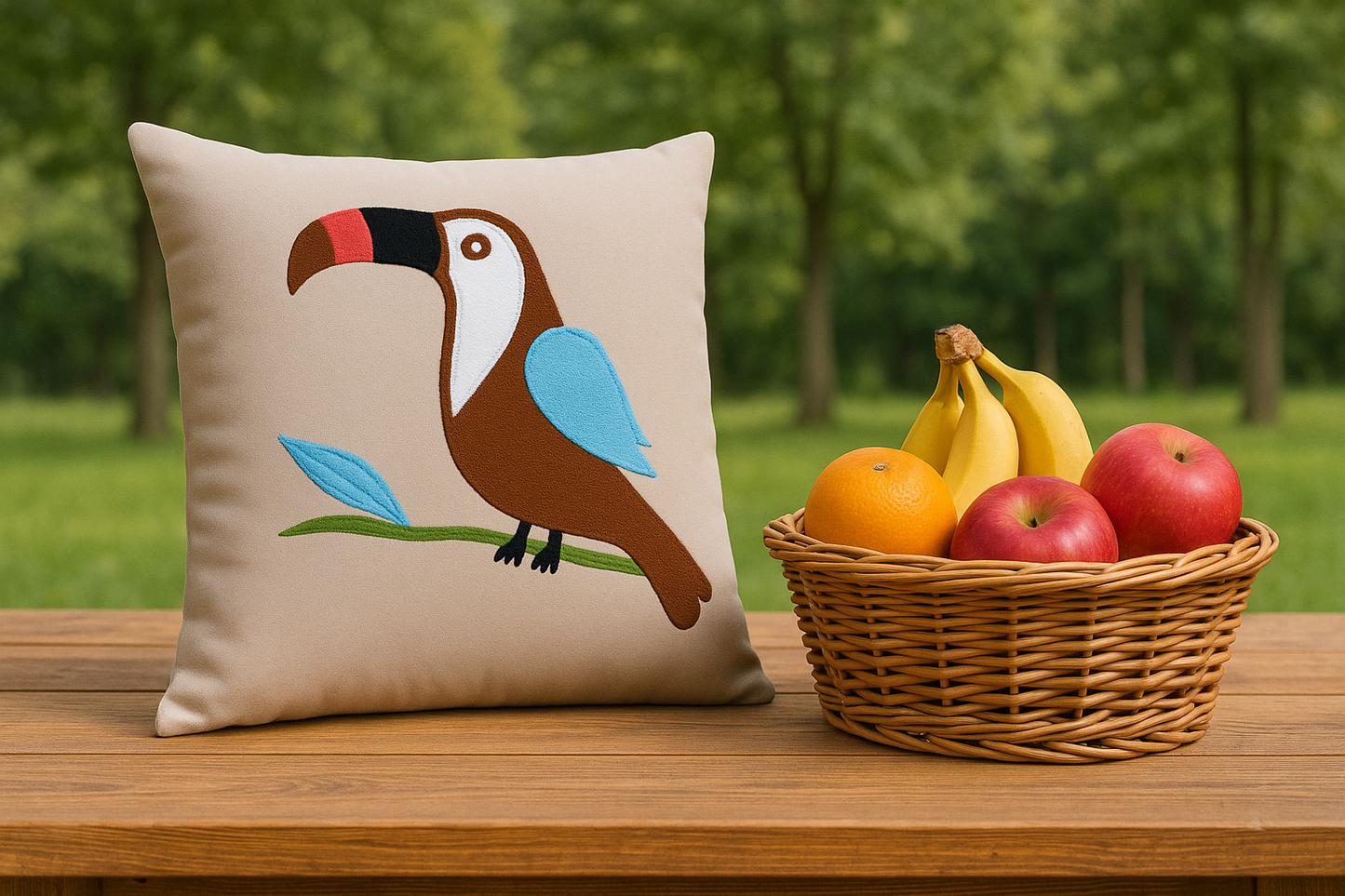Decorative pillow with a toucan design on a wooden table with a basket of fruits.