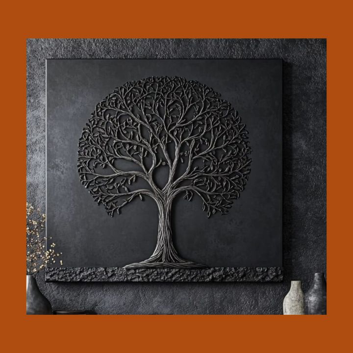 Decorative wall art with a tree design on a dark background