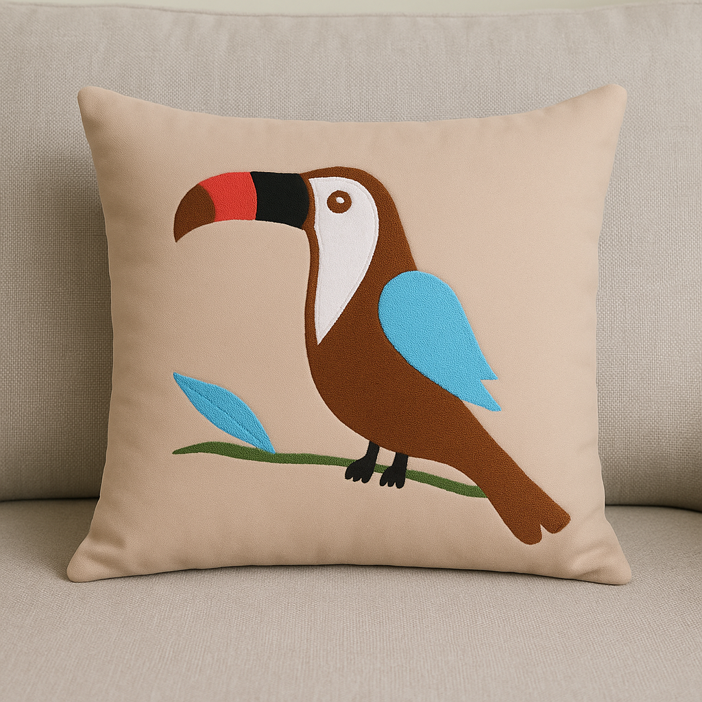 Beige pillow with a colorful toucan design on a beige couch.
