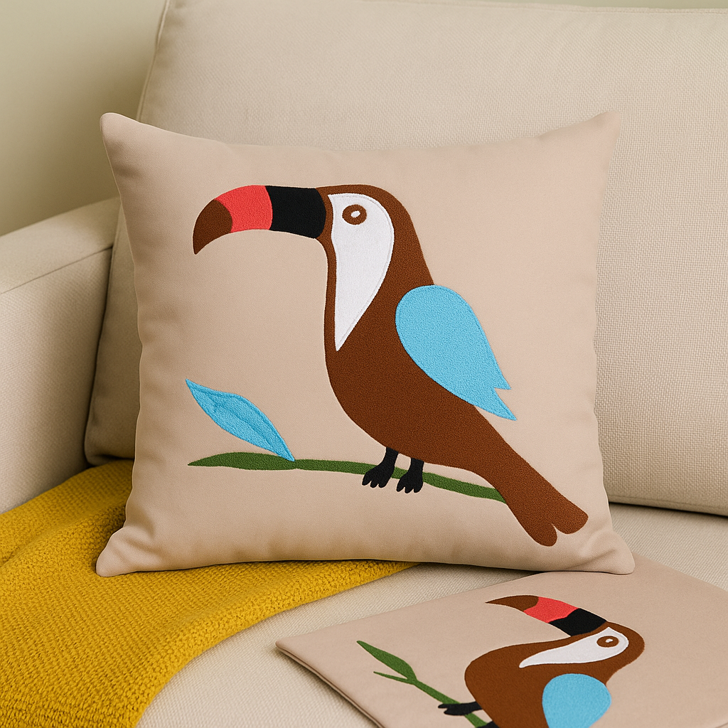 Decorative pillow with a toucan design on a beige couch.