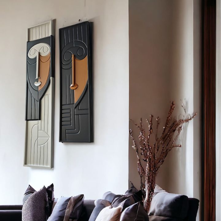 Wall design combines functionality with contemporary style, utilizing wallpaper, paint, shelving, mirrors, and art to create a visually appealing and harmonious space that reflects both personality and sophistication.