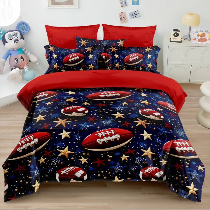 Bedding set with football and star pattern on a bed in a room.