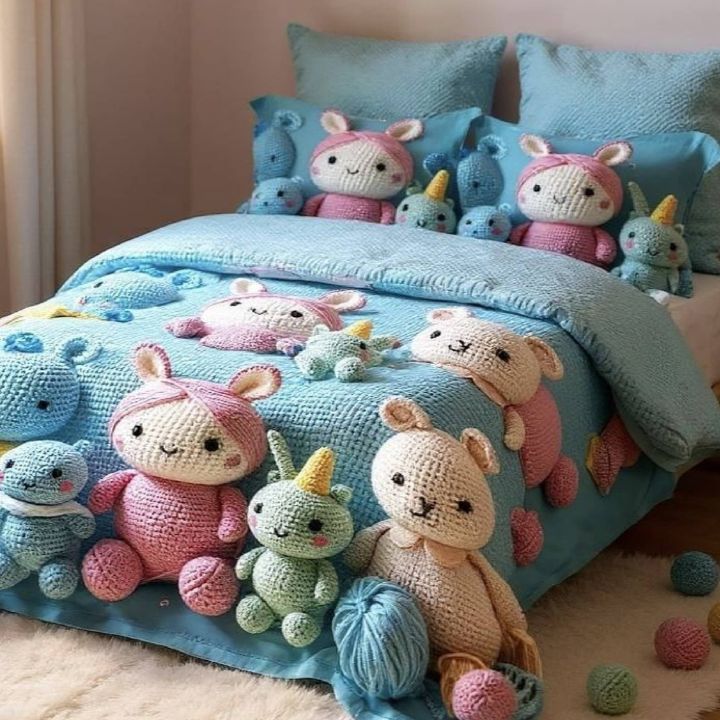 Children's bedroom with blue bedding featuring crochet animals and toys.