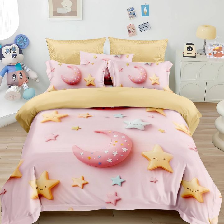 Bedding set with star and moon designs on a pink background in a child's room.