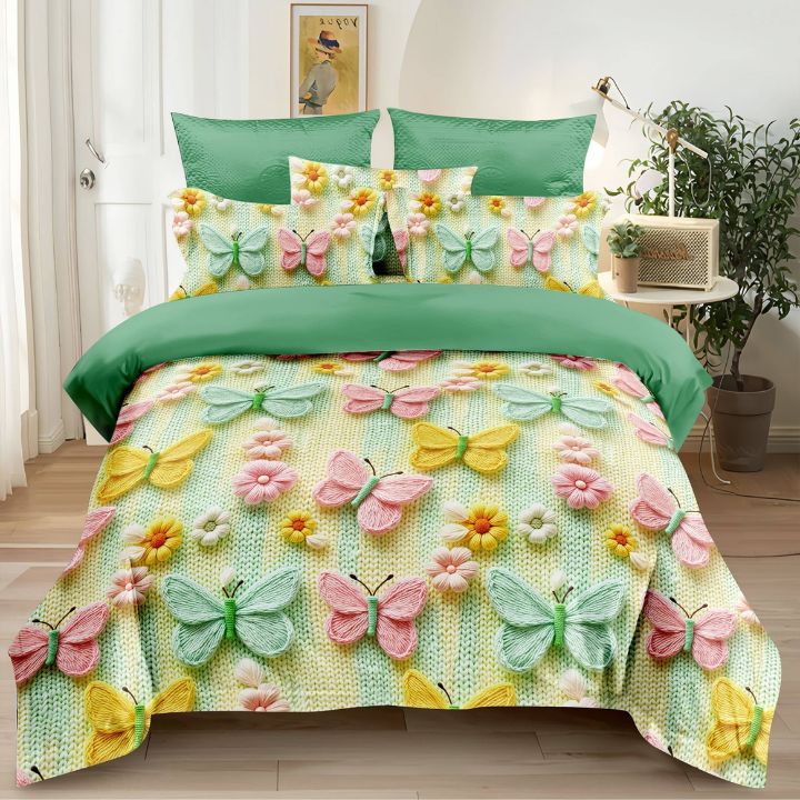 Bedding set with butterfly and floral patterns in a bedroom setting