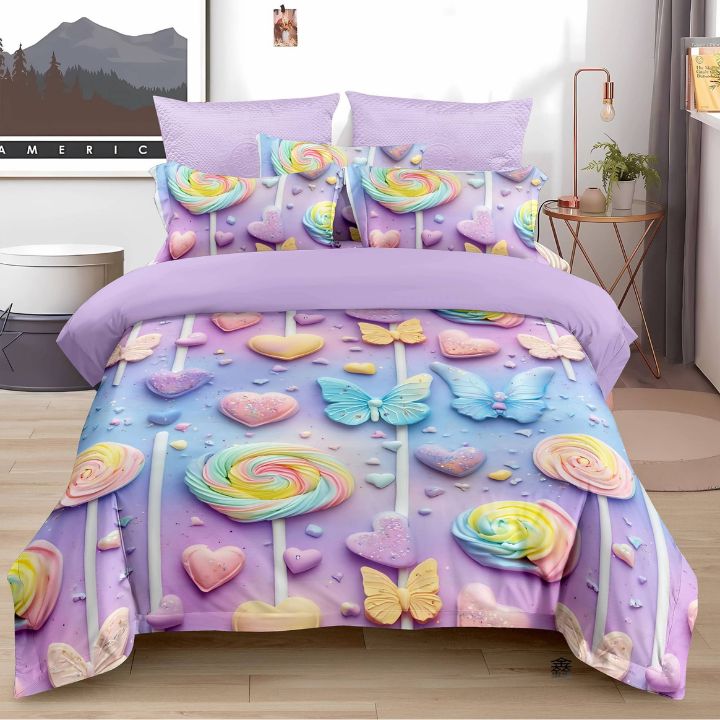 Colorful bedding set with lollipops and butterflies in a bedroom setting