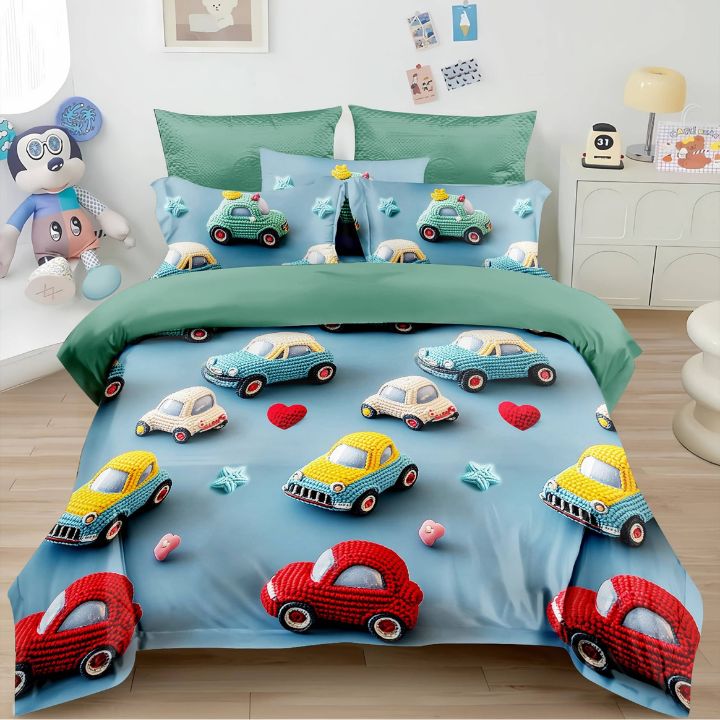 Children's bedroom with a bed featuring car-themed bedding and toys.