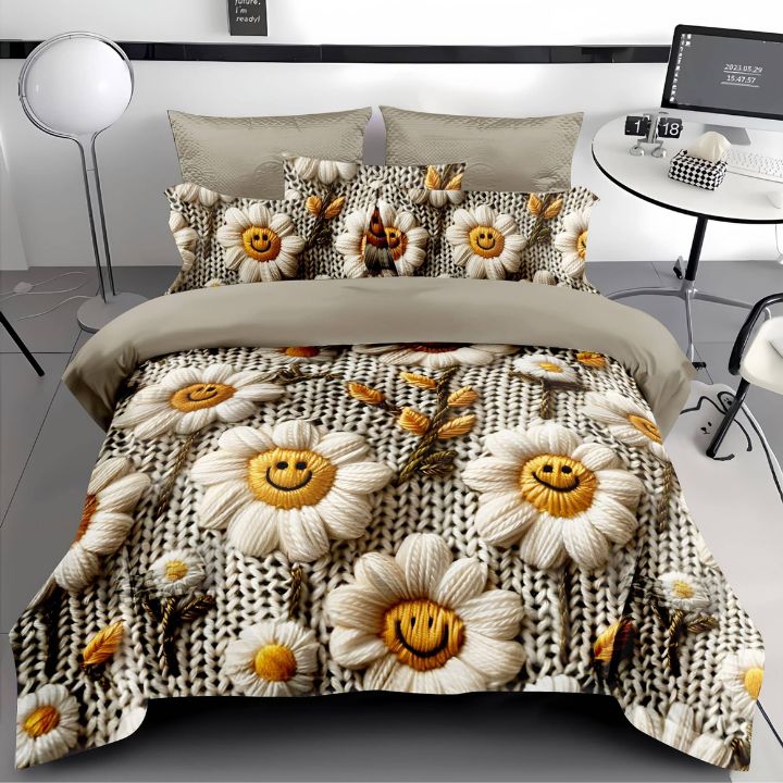 Bedding set with smiley face flowers on a bed in a room setting.