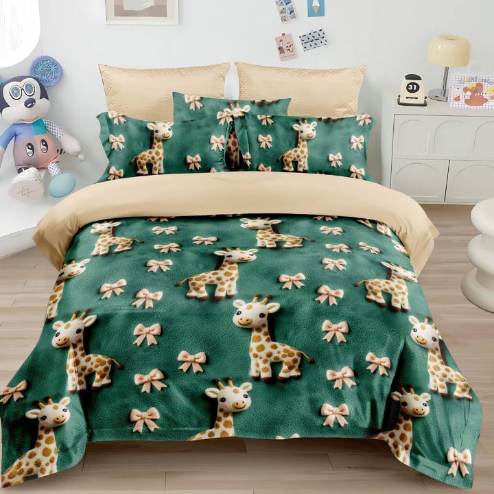 Bedding set with giraffe and bow pattern in a room setting