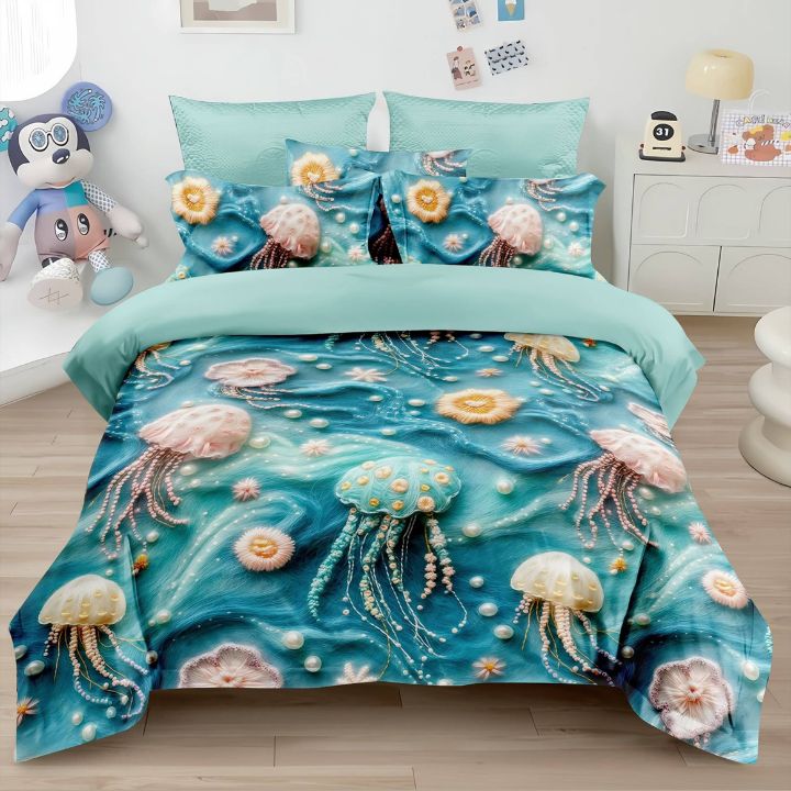 Bedding set with jellyfish design in a bedroom setting