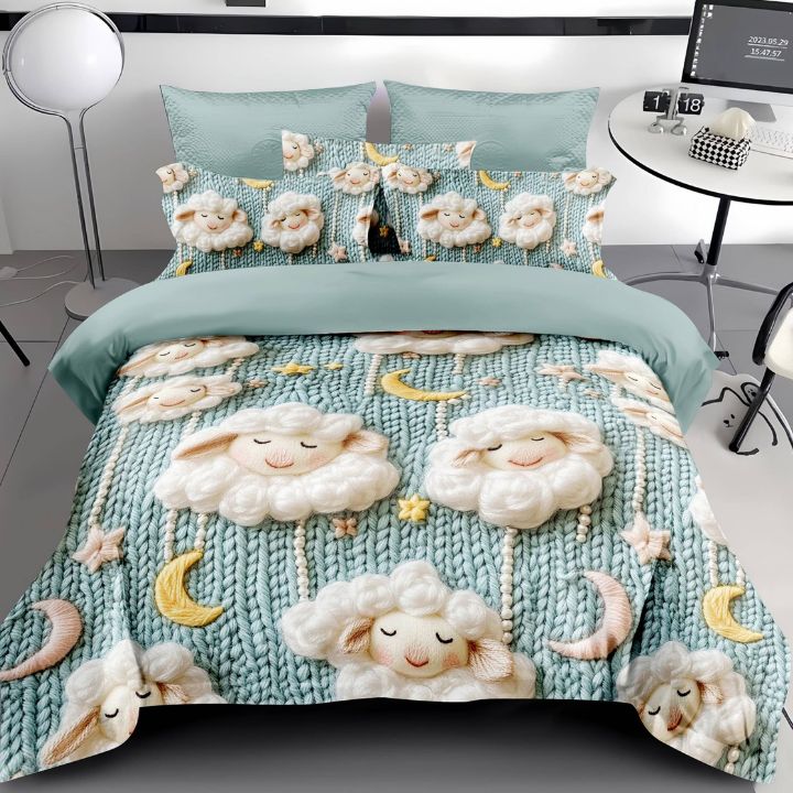 Sheep-themed bedding set on a bed with a modern room background