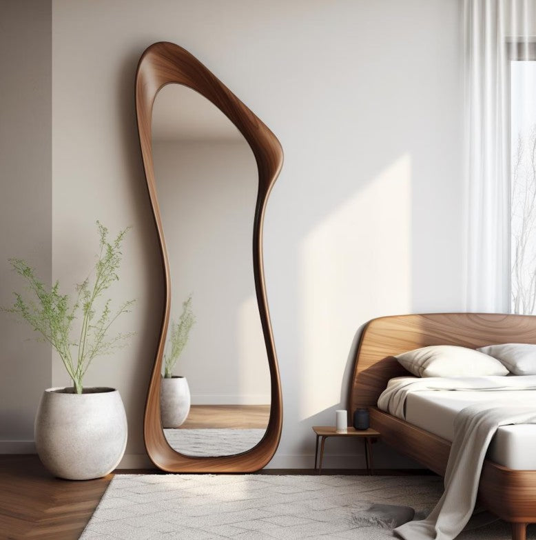 Asymmetrical mirrors not only add a modern touch to the living room, bedroom, dining room, hallway, kitchen and bathroom walls of your home, but also tell a story from nature. Each asymmetrical mirror has a unique design that reflects the unique texture and character of natural wood.