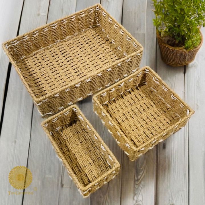 Rectanglular Multipurpose Rope Basket Set of 3 - The Gharnish - A Unit of Satkala Creations