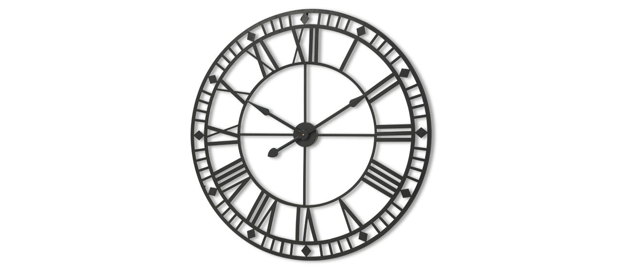 Large decorative clock with Roman numeral markers on a white background