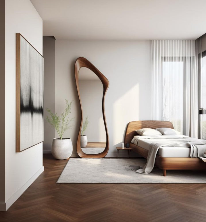 Asymmetrical mirrors not only add a modern touch to the living room, bedroom, dining room, hallway, kitchen and bathroom walls of your home, but also tell a story from nature. Each asymmetrical mirror has a unique design that reflects the unique texture and character of natural wood.