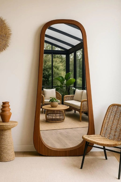 Walnut Layered Floor Mirror, Wooden Mid Century Full Body Mirror, Irregular Wall Mirror, Asymmetric Full Length Mirror - The Gharnish - A Unit of Satkala Creations