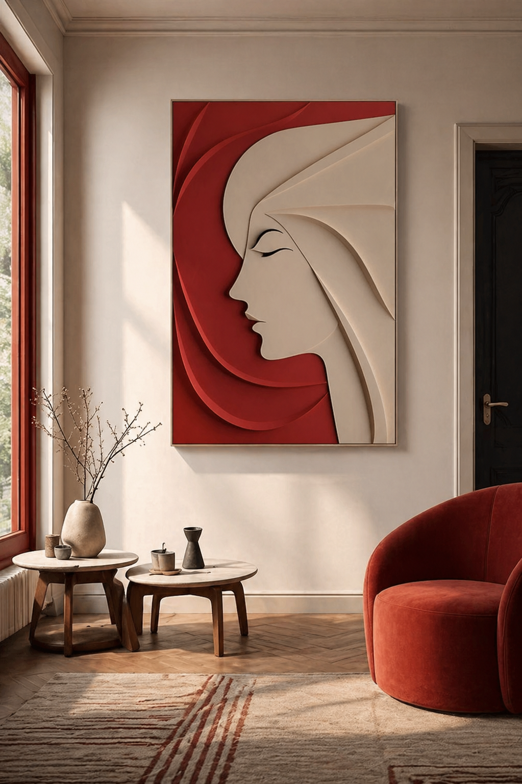 Modern wooden wall art by The Gharnish featuring a 3D abstract woman design in a red and beige interior setting.