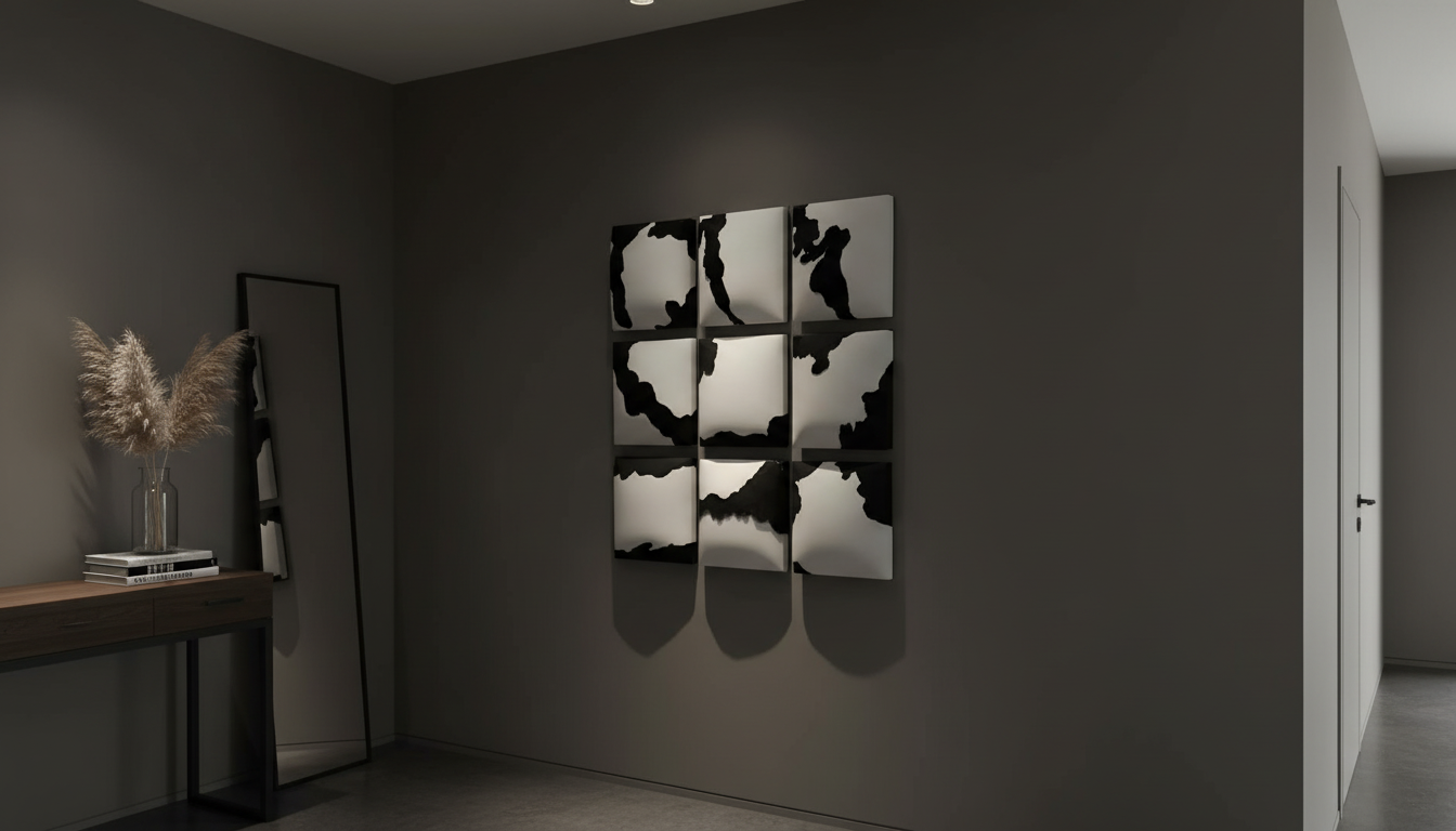 Modern interior with abstract wall art in a dimly lit room