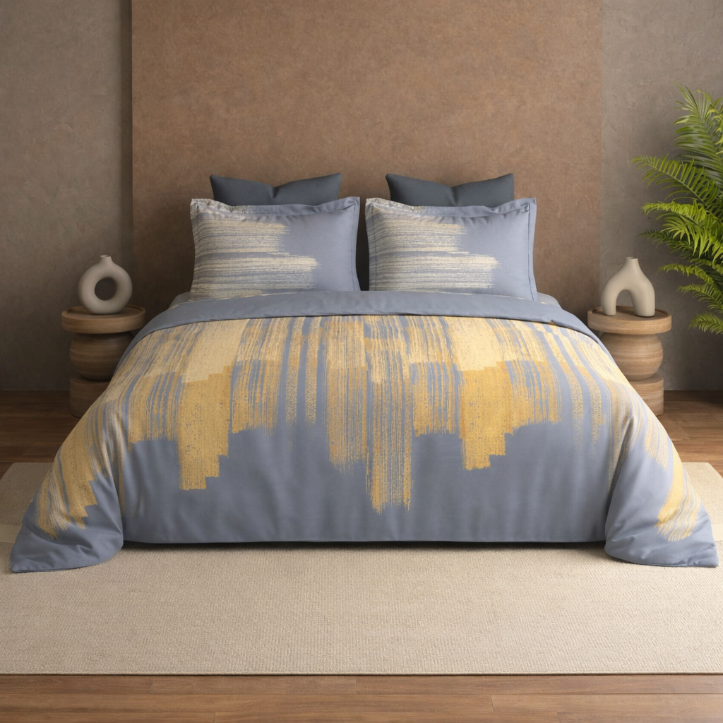 Modern bedroom with Royal Bloom Egyptian Cotton Bedsheet from The Gharnish on a bed with gradient bedding.