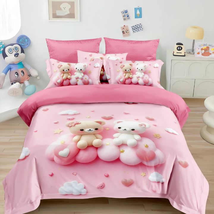 Pink teddy bear-themed bedding set in a room with toys and decor.
