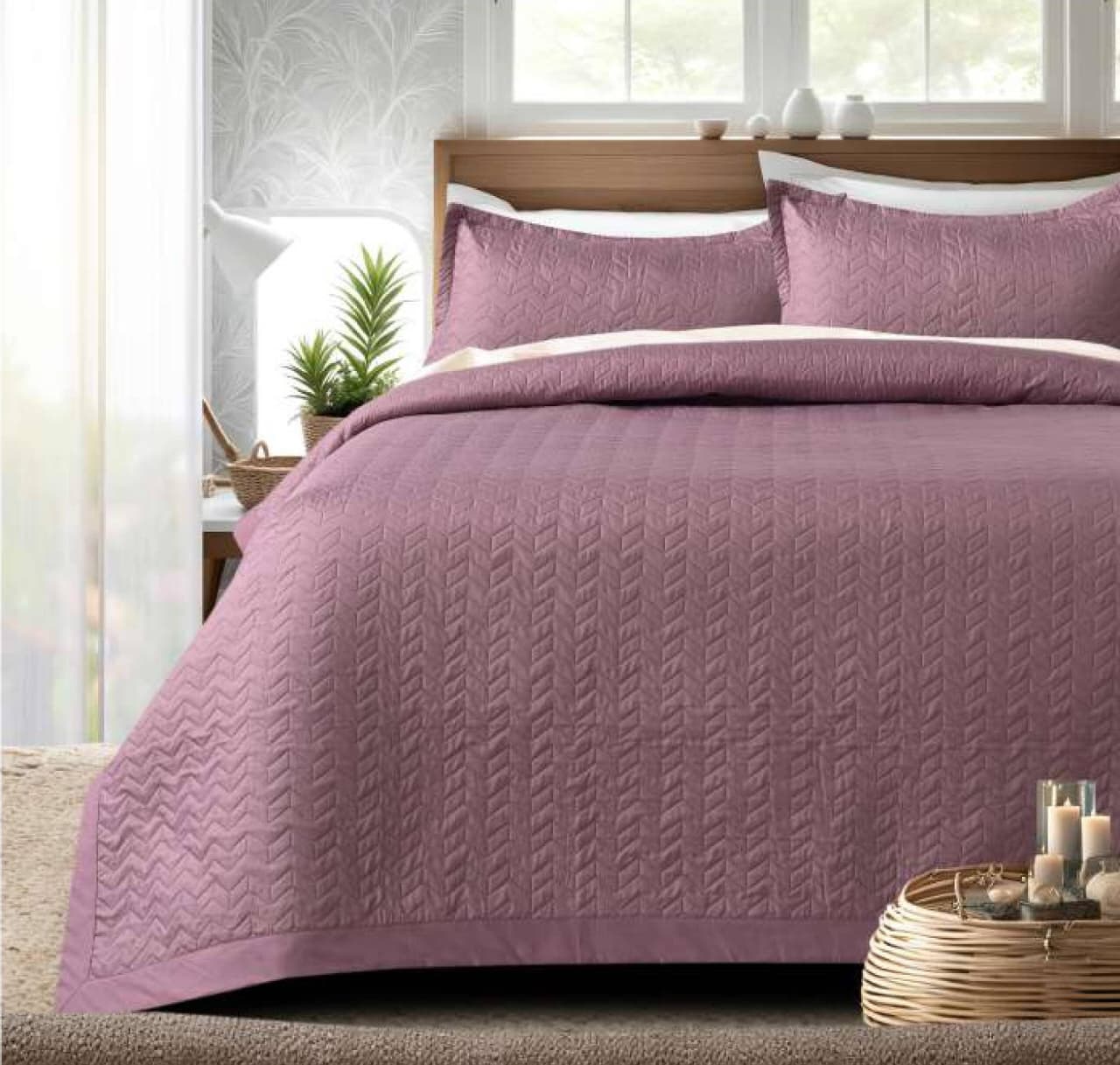 Purple Serene Stitch premium quilted bedding bedcover set by The Gharnish, featuring a soft, textured quilted coverlet on a bed.