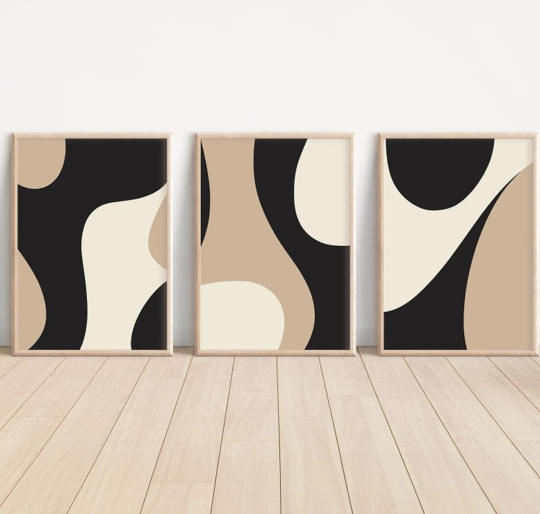 Modern Neutral Gallery Wall Art Set of 3 Black and Beige Abstract Art Farmhouse Decor