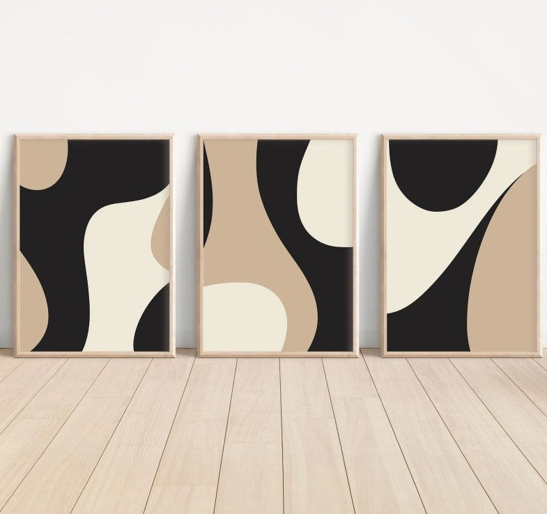 Modern Neutral Gallery Wall Art Set of 3 Black and Beige Abstract Art Farmhouse Decor