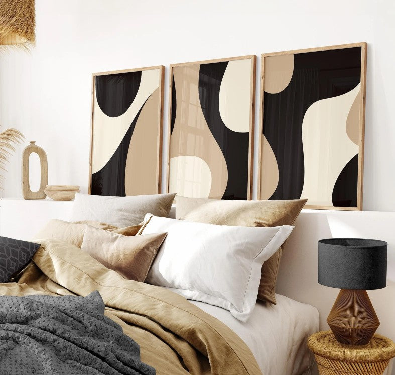Modern Neutral Gallery Wall Art Set of 3 Black and Beige Abstract Art Farmhouse Decor