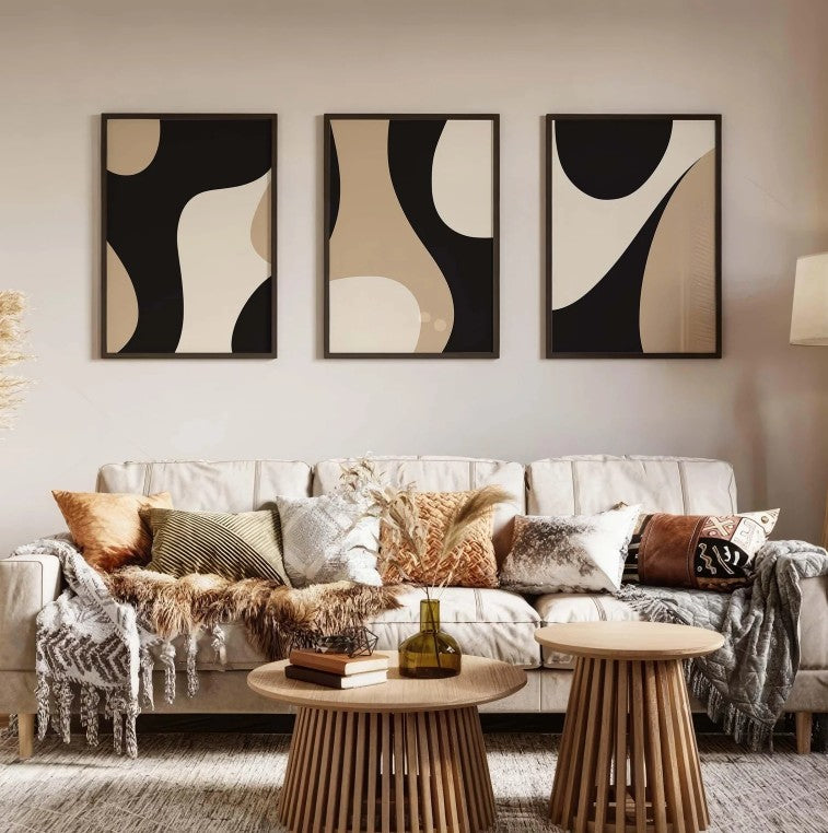 Modern Neutral Gallery Wall Art Set of 3 Black and Beige Abstract Art Farmhouse Decor