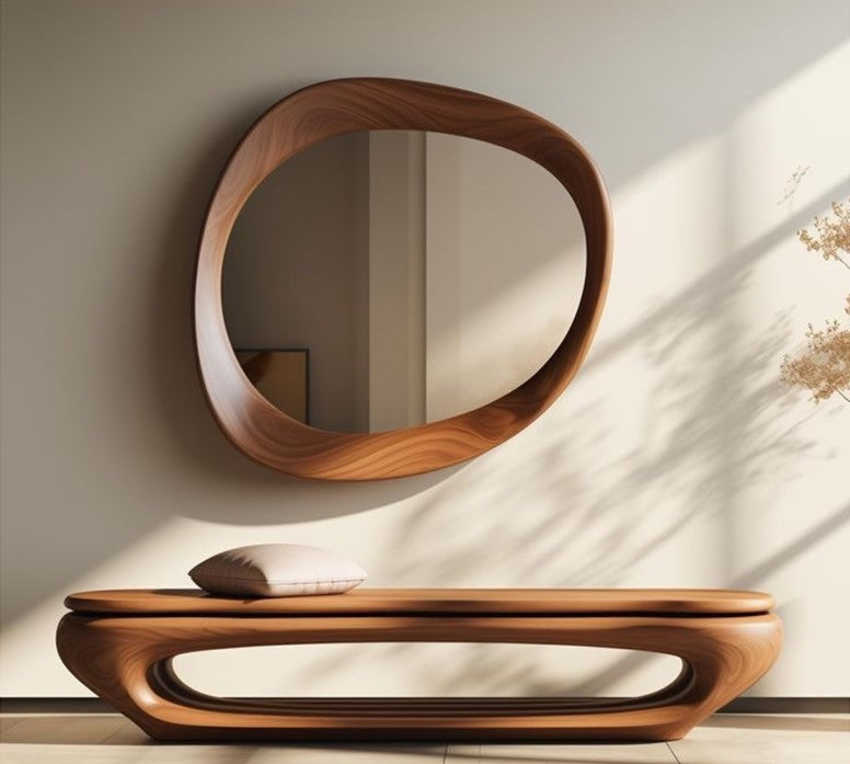 Walnut Asymmetrical Mirror, Walnut Framed Irregular Wall Mirror, Wooden Framed Asymmetrical Mirror, Mid Century Modern Mirror, Mirror Art