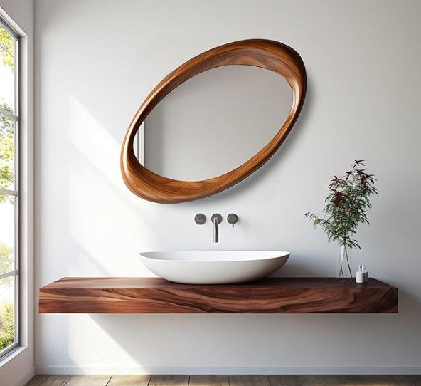 Walnut Wooden Frame Asymmetric Mirror, premium walnut-finish wood - The Gharnish - A Unit of Satkala Creations